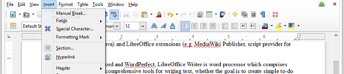 Showing the LibreOffice Writer insert menu